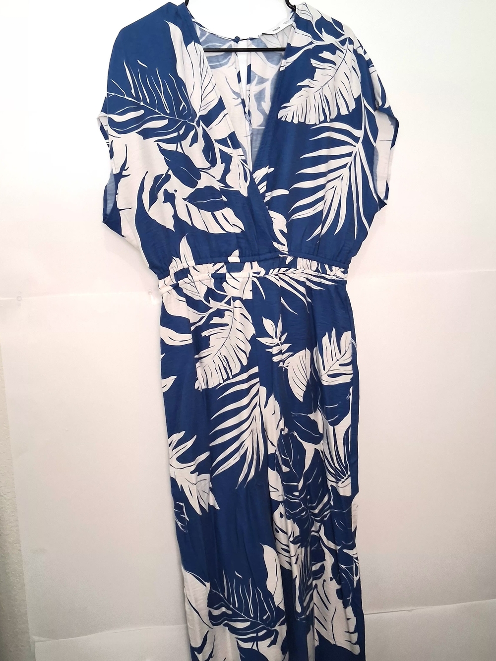 MNG Jumpsuit Blue and White Tropical Print Size Small Sold As Is